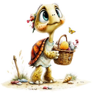 May include: A cartoon turtle with large eyes and a floral headpiece wears a light-colored shirt and carries a woven basket filled with various seashells. A small yellow butterfly flies nearby, and several seashells are scattered on the sandy ground.