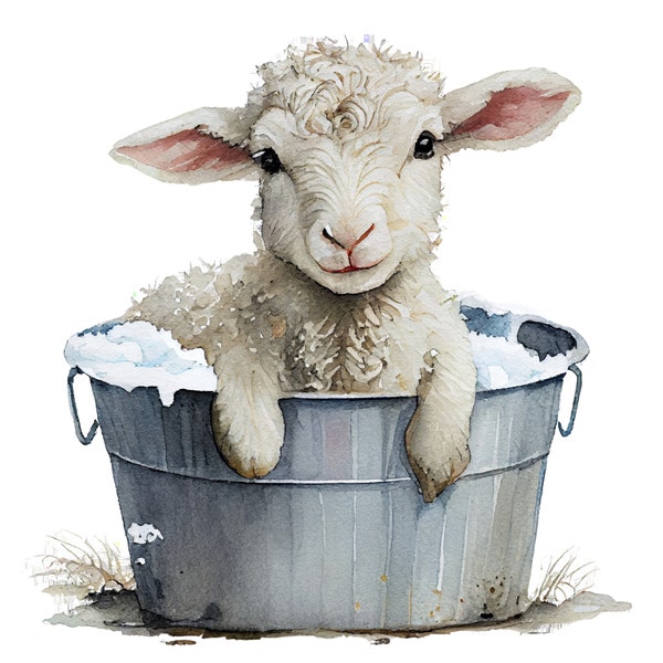 Baby Sheep In A Bucket- Fabric Panel ~4,5, 6, 8, 10, 12,14, inch fabric panel for sewing projects