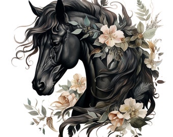 May include: A black horse's head with flowing mane and tail, adorned with delicate blush-colored flowers and lush green foliage.