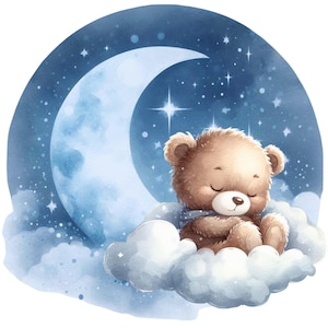 May include: A circular illustration featuring a brown teddy bear with closed eyes sleeping peacefully on a fluffy white cloud. Behind the bear is a large, light blue crescent moon set against a dark blue night sky filled with bright white stars.