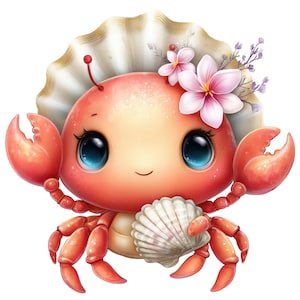 May include: A cartoon crab with a red body, large blue eyes, and a smiling expression. It wears a seashell headdress and holds a seashell. Pink flowers and purple sprigs adorn the crab's head, creating a whimsical, aquatic theme.