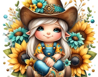 May include: A digital illustration of a smiling, fair-skinned character with long white hair, wearing a brown cowboy hat adorned with turquoise and gold accents. The character is dressed in blue overalls and brown cowboy boots, surrounded by sunflowers and turquoise flowers.