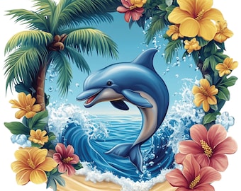 Dolphin Palm Tree- Fabric Panel Square ~4,5, 6, 8, 10, 12, 14 inch fabric panel for sewing projects