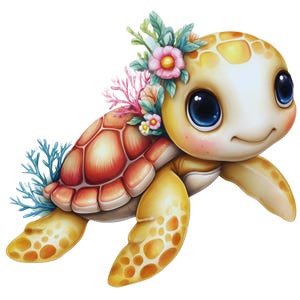 May include: A cartoon illustration of a baby sea turtle with a yellow and orange shell, large blue eyes, and a floral headpiece. The turtle has a friendly expression and is surrounded by coral and flowers.