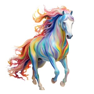 May include: A horse with a white head and a body covered in swirling, vibrant rainbow colors. The mane and tail feature long, flowing, paint-like streaks of red, orange, yellow, blue, and purple that extend outward in a dynamic, fluid motion.