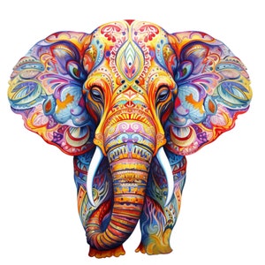 May include: A colorful, detailed illustration of an elephant with intricate patterns and designs in shades of blue, red, yellow, green, and purple.