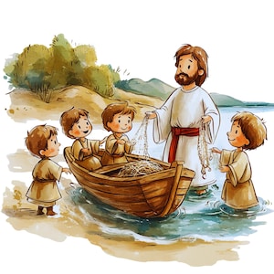May include: Watercolor illustration of a religious scene. A man in a white robe and red sash stands in water with four children. They are near a wooden boat, holding fishing nets. The background shows a shoreline and water.