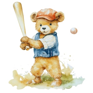 Teddy Bear Baseball - Panel Square ~ 4"x4",5x5,6x6, 8x8, 10x10, 12x12, 14x14, inch for sewing projects