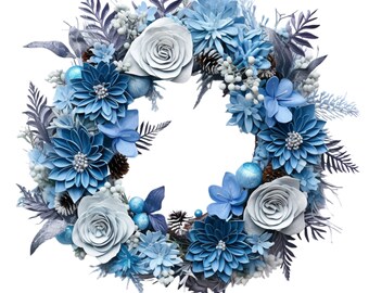 Blue Wreath  Fabric Panel Square ~ 4,5,6, 8, 10, 12, 14, inch fabric panel for sewing projects