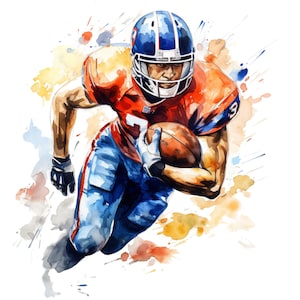 May include: A watercolor illustration of a football player in an orange jersey and blue pants, wearing a blue helmet and holding a brown football. The artwork features dynamic paint splatters in shades of orange, blue, and yellow on a white background.