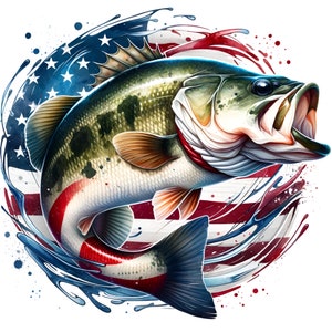 May include: A largemouth bass fish with a red, white, and blue American flag design. The fish is jumping out of the water, with water splashes around it.