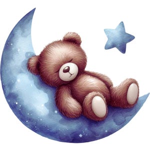 May include: A brown teddy bear is sleeping on a blue crescent moon with white stars. The moon is against a white background.