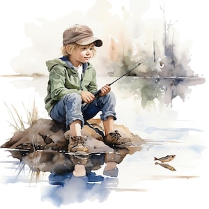 May include: A watercolor illustration of a child wearing a brown baseball cap, a green hooded jacket, and blue jeans, sitting on a rock while holding a fishing rod. A small fish is visible in the water nearby, with soft, muted tones throughout.