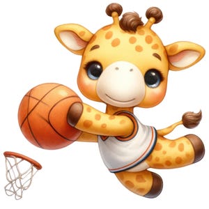 May include: A cartoon giraffe in a basketball uniform, holding an orange basketball. The giraffe is yellow with brown spots and a white jersey with blue and red trim. A basketball hoop is in the background.