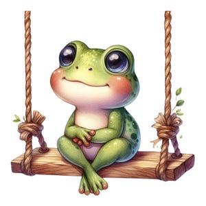 May include: A charming cartoon frog with large blue eyes and rosy cheeks sits on a wooden swing. The frog is green with darker green spots and is suspended by brown rope. The swing is made of a wooden plank.