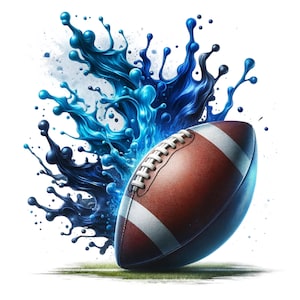 May include: A brown leather American football with white laces and white stripes, positioned in front of a dynamic, artistic splash of vibrant blue and dark navy liquid paint that radiates upward against a clean white background.