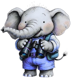 May include: A cartoon illustration of a gray elephant wearing a blue shirt and blue shorts with a dark belt. The elephant has large ears, a trunk, and is holding a pair of black binoculars with purple accents. A small green backpack is visible.