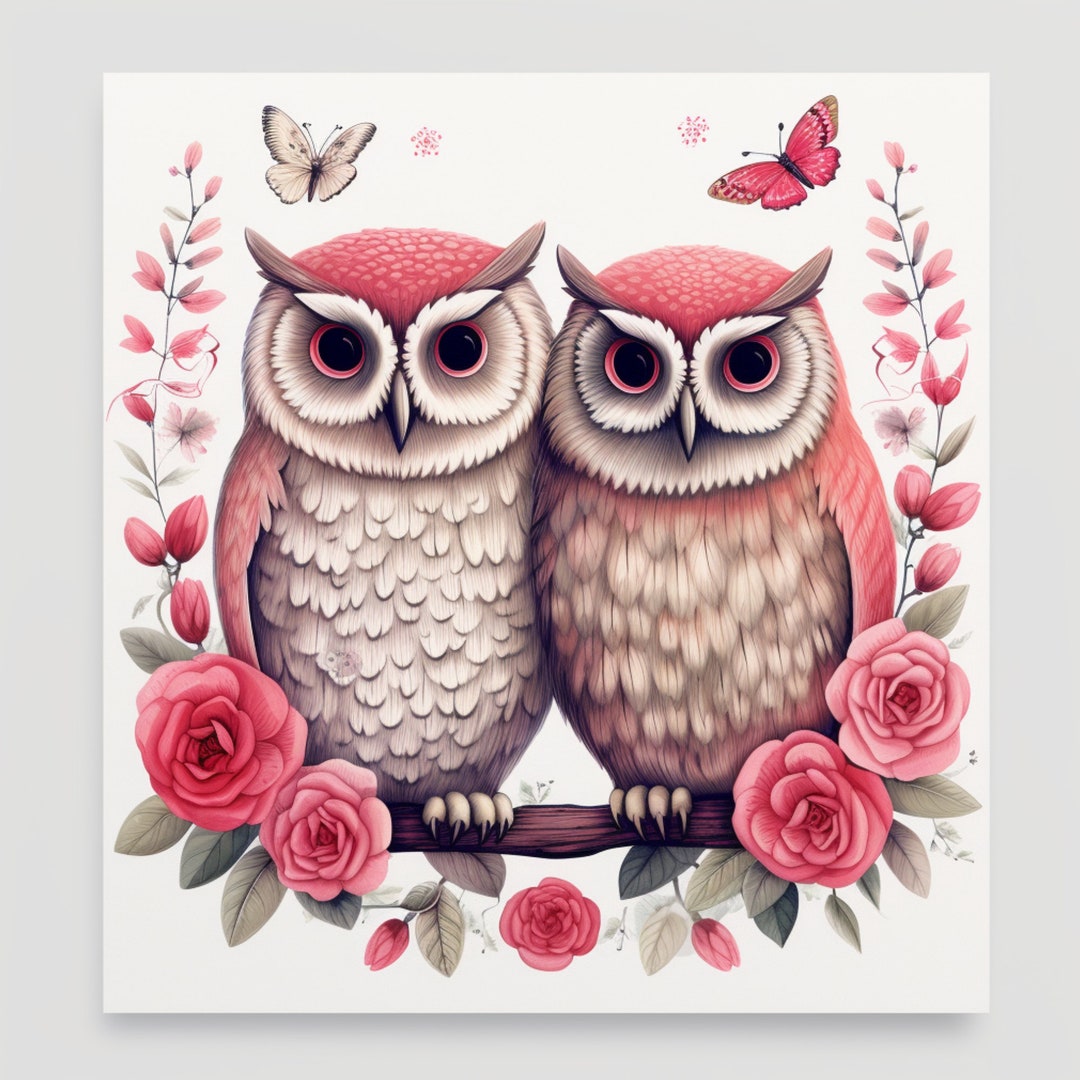 Two Owls and Roses -fabric Panel Square ~ 4