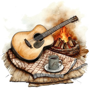 May include: A watercolor illustration featuring a light brown acoustic guitar resting on a beige plaid blanket with fringe edges. Beside the guitar sits a ceramic mug on a saucer, and a small campfire burns in a stone fire pit in the background.