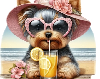 May include: A Yorkshire Terrier wearing pink sunglasses and a pink sun hat sits on a beach with a glass of orange juice and a lemon slice.