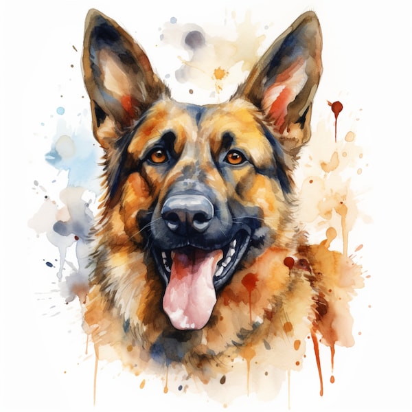 Watercolor German Shepherd Dog Fabric Panel ~4,5, 6, 8, 10, 12,14,  inch fabric panel for sewing projects