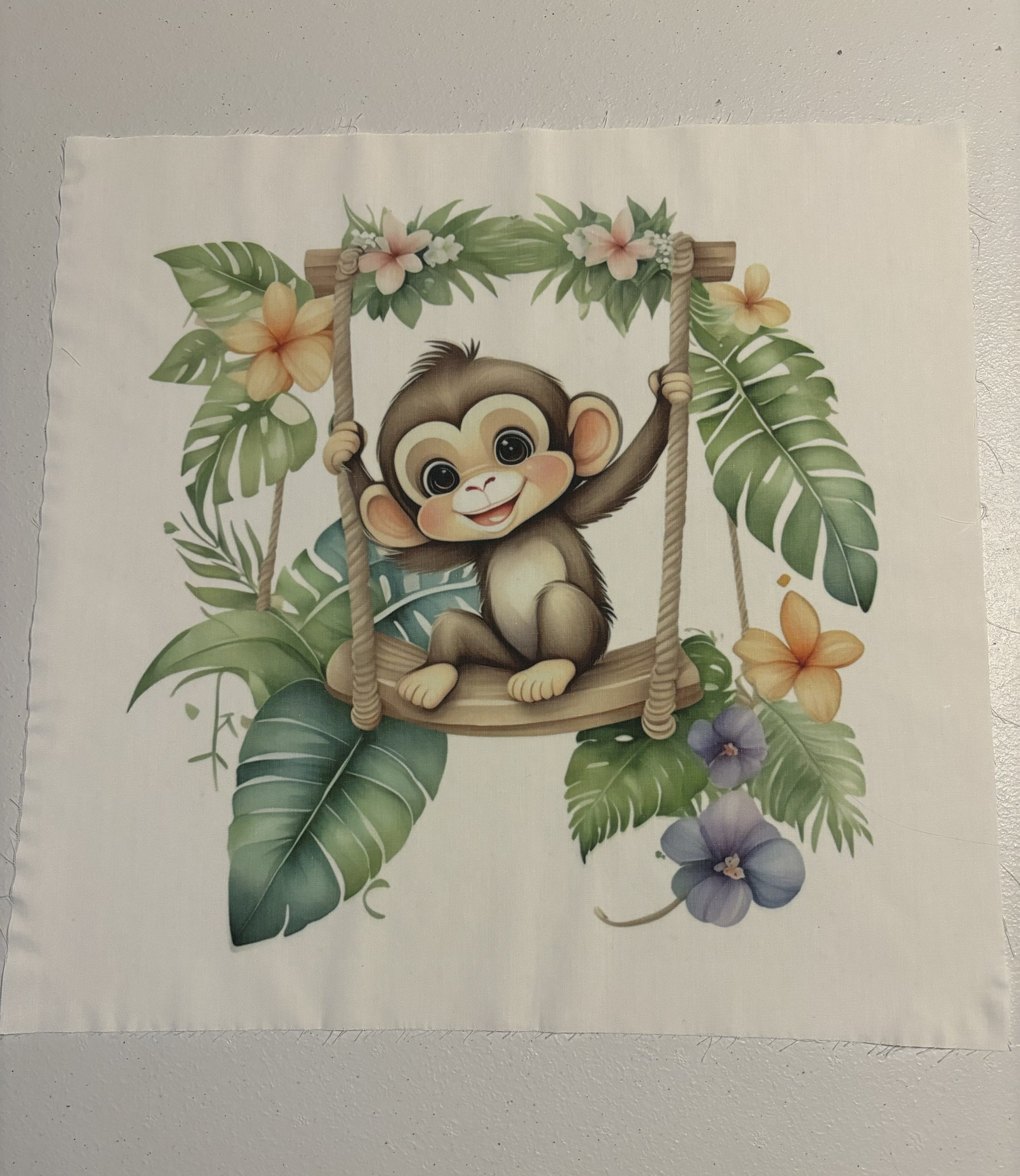 Monkey on Swing- Fabric Panel Square ~4,5, 6, 8, 10, 12, 14, Inch ...