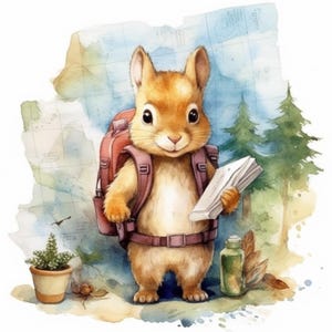 May include: A watercolor illustration of a brown squirrel wearing a red backpack and holding a map. The squirrel is standing on a path with green trees in the background.