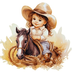 May include: A watercolor illustration of a child wearing a wide-brimmed tan cowboy hat, a white collared shirt, and blue jeans, riding a dark brown horse with a white blaze on its face. A thick tan rope is coiled around the horse and rider.