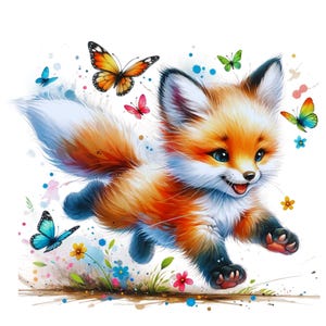 May include: A cute orange and white fox with blue eyes runs through a field of colorful flowers and butterflies. The fox has a happy expression and is running towards the right side of the image.