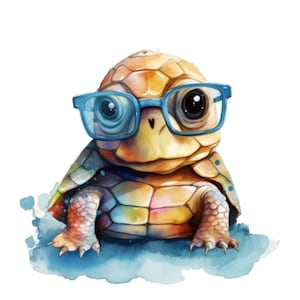 May include: A small, cartoon-style turtle wearing blue glasses sits on a blue and white watercolor background. The turtle has a yellow shell with a rainbow pattern.