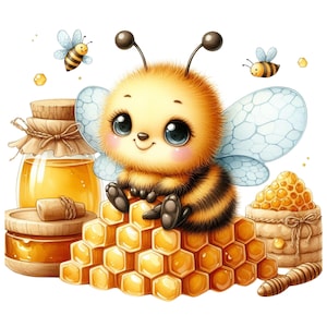 May include: A fluffy yellow and black bee with large eyes sits atop a stack of golden hexagonal honeycombs. Beside it are two glass jars filled with honey, a small burlap sack of honeycomb pieces, a wooden honey dipper, and two small flying bees.