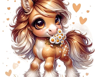 May include: A brown and white pony with a long, flowing mane and tail, large dark eyes, and long eyelashes. The pony is holding a small bouquet of white daisies with yellow centers in its mouth, surrounded by floating light orange heart shapes.