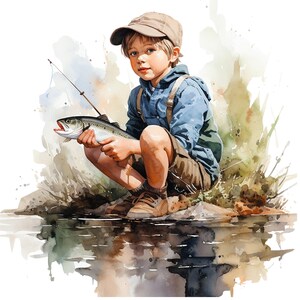 May include: Watercolor illustration of a young person fishing. The person is wearing a blue jacket, brown shorts, and a cap, holding a fish. The background features water, grass, and a fishing rod, with a soft, artistic watercolor style.