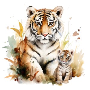 May include: Watercolor painting of a mother tiger and her cub. The mother tiger is sitting with her paws crossed, while the cub is sitting in front of her. Both tigers have orange and black stripes and are surrounded by green foliage.