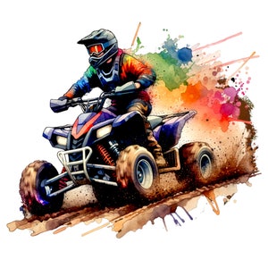 May include: A watercolor illustration of a person riding an ATV on a dirt track. The ATV is blue and black with a red and orange splash of color behind it.