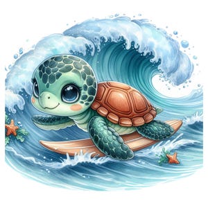 May include: A cartoon illustration of a green sea turtle with big eyes riding a surfboard on a blue wave. The turtle has a brown shell and is smiling.