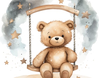 Bear on A Swing- Fabric Panel Square ~ 4,5,6, 8, 10, 12, 14, inch fabric panel for sewing projects