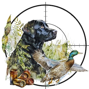 May include: Watercolor illustration of a black Labrador retriever, a mallard duck in flight, and spent shotgun shells, all within a black and white crosshair target. The dog is partially camouflaged with green foliage.