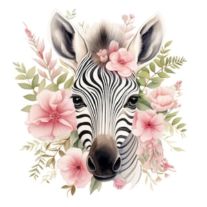 Zèbre et fleurs roses - Panneau de tissu carré d'environ 4,5, 6, 8, 10, 12, 14 pouces pour les projets de couture