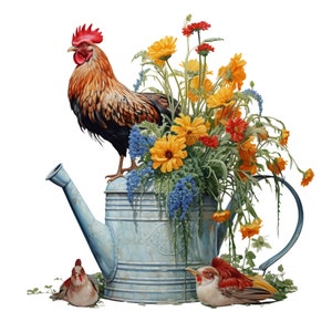 May include: A light blue metal watering can filled with a vibrant bouquet of yellow, orange, and blue flowers. A rooster stands atop the watering can, while two small birds with red crests rest on the ground at the base of the container.