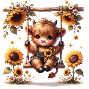 May include: A charming illustration of a fluffy, brown Highland cow calf on a wooden swing, surrounded by sunflowers and floral accents. The calf wears denim overalls and holds a bouquet of sunflowers, creating a whimsical, pastoral scene.