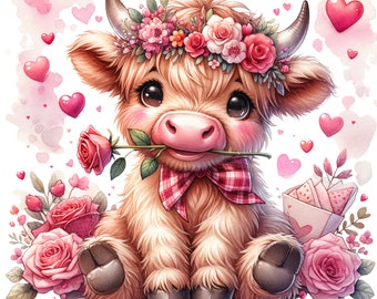 Highland Cow Pink Rose - Fabric Panel Square ~ 4&quot;x4&quot;,5x5,6x6, 8x8, 10x10, 12x12, 14x14, inch fabric panel for sewing projects