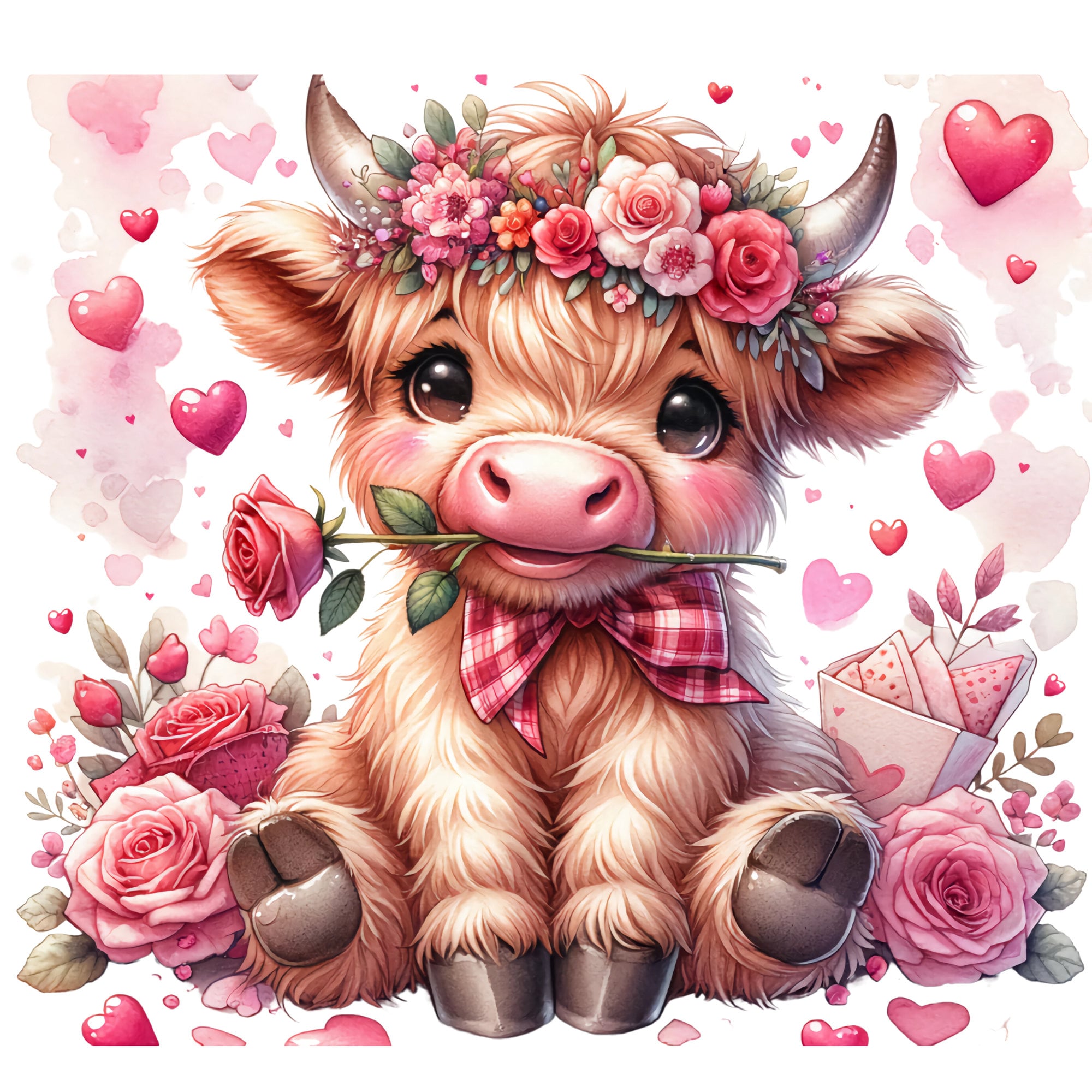 Highland Cow Pink Rose - Fabric Panel Square ~ 4"x4",5x5,6x6, 8x8, 10x10, 12x12, 14x14, inch fabric panel for sewing projects