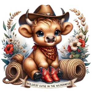 May include: A brown and white Highland cow wearing a brown cowboy hat with a black and white bandana around its neck. The cow is sitting on a pile of rope with a banner that reads "Wildest Cutie in the Wilderness".
