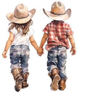 May include: Watercolor illustration of two children holding hands, viewed from the back. They wear cowboy hats, jeans, and boots. One child has a white shirt, the other a red plaid shirt. The image evokes a sense of friendship and adventure.