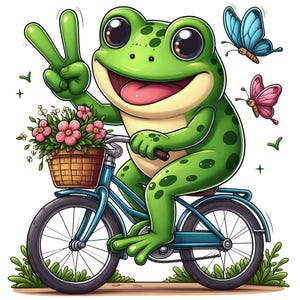 May include: A cheerful green frog with big eyes rides a blue bicycle, giving a peace sign. The bike has a basket filled with pink flowers. Two butterflies flutter nearby. The frog is smiling and appears happy.