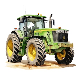 May include: A green John Deere tractor with a black grill and large tires. The tractor has a yellow steering wheel and a black exhaust pipe.