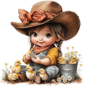May include: A young girl wearing a brown cowboy hat with a red and white polka dot ribbon, a red and white polka dot bandana, a yellow and white polka dot shirt, and blue overalls is sitting on the ground with four baby chicks. The girl is holding a small brown seed in her hand. The chicks are yellow and fluffy. The girl is surrounded by small white flowers.