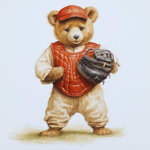May include: A brown teddy bear wearing a red baseball cap, catcher's chest protector, and holding a black baseball glove. The bear is standing on a patch of green grass, with a light blue background.