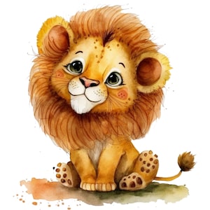 May include: Watercolor illustration of a cute lion cub with a fluffy, brown mane and a sweet expression. The lion cub has big green eyes, a pink nose, and is sitting on a patch of green and brown watercolor paint. The overall style is whimsical and charming.